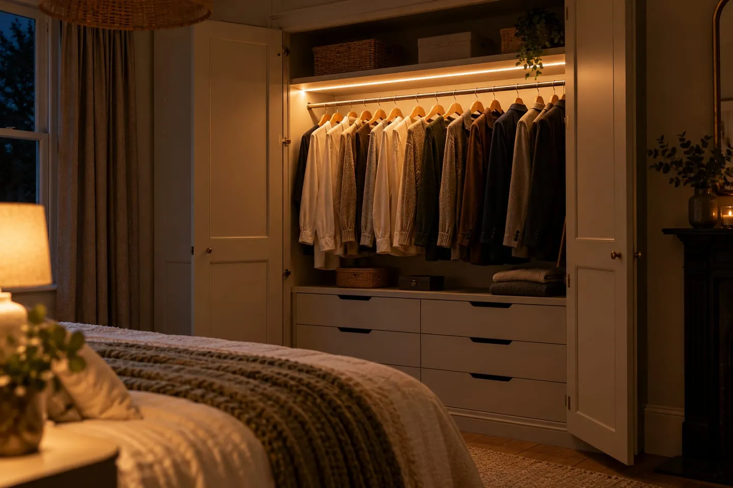 A built-in wardrobe lit from inside by an LED strip along the top