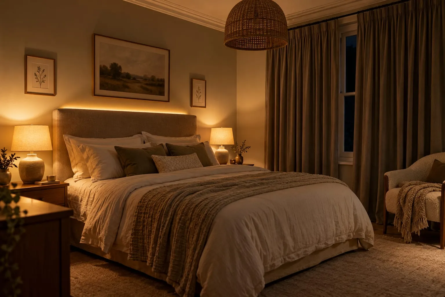 Double bedroom at night lit by two fabric-shaded bedside lamps and a warm glow behind an upholstered headboard, with the rattan ceiling pendant switched off