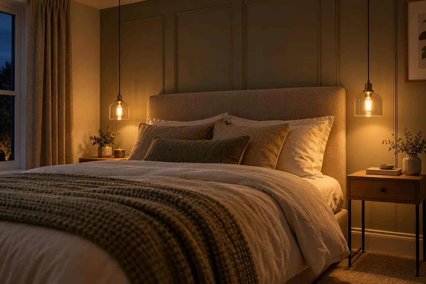 Two small glass pendants hung low either side of a double bed instead of bedside lamps