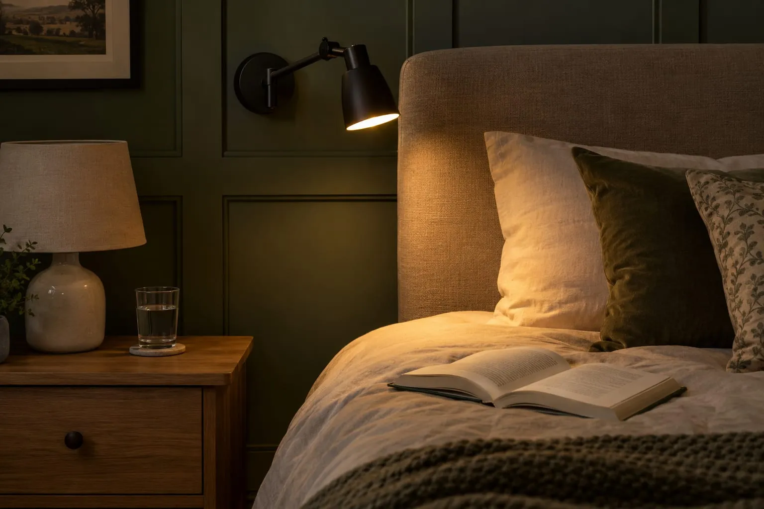 Black swing-arm wall light beside an upholstered headboard, angled down onto an open book on the bed, against a deep green panelled wall