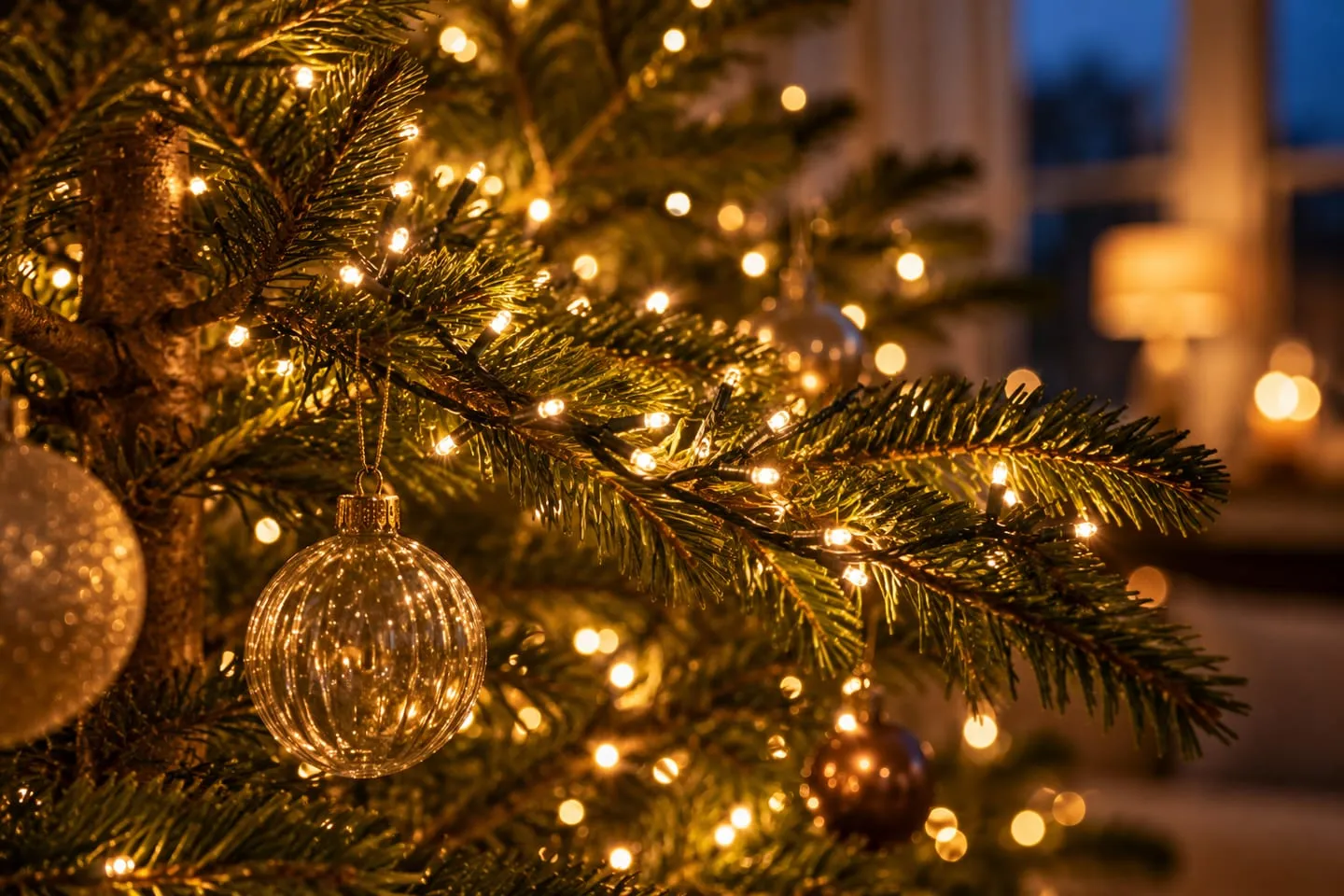 Warm white cluster lights wound along a fir branch from the trunk to the tip