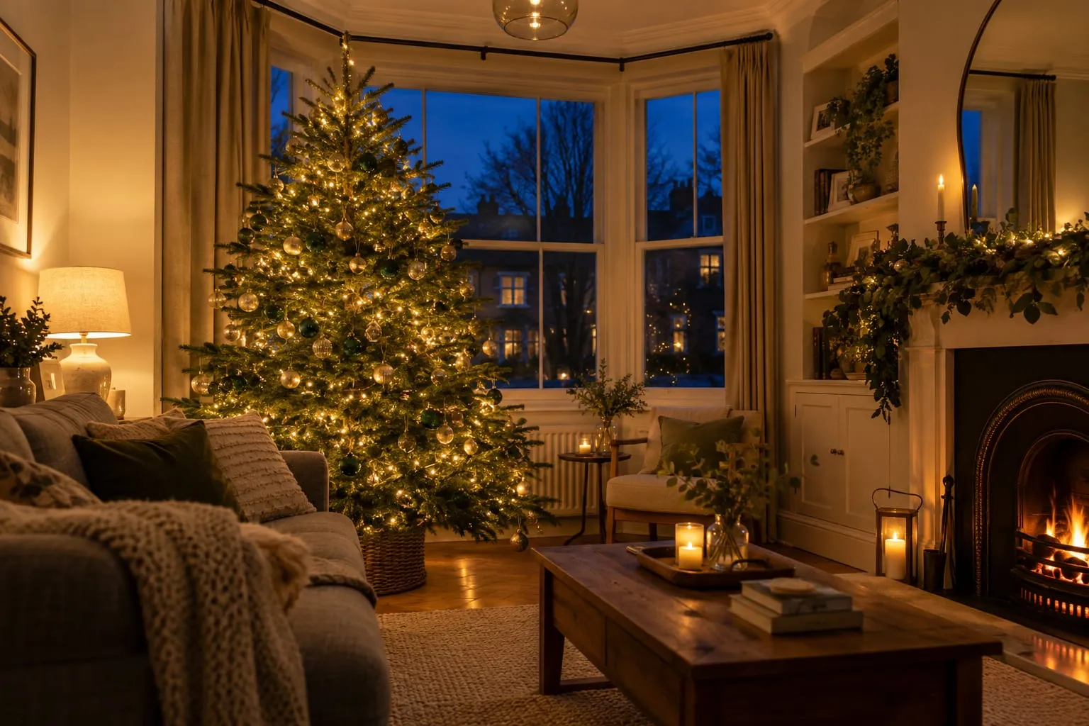 Living room on a winter evening with a real Christmas tree in the bay window glowing with warm white lights, a grey sofa, a table lamp and a lit fire