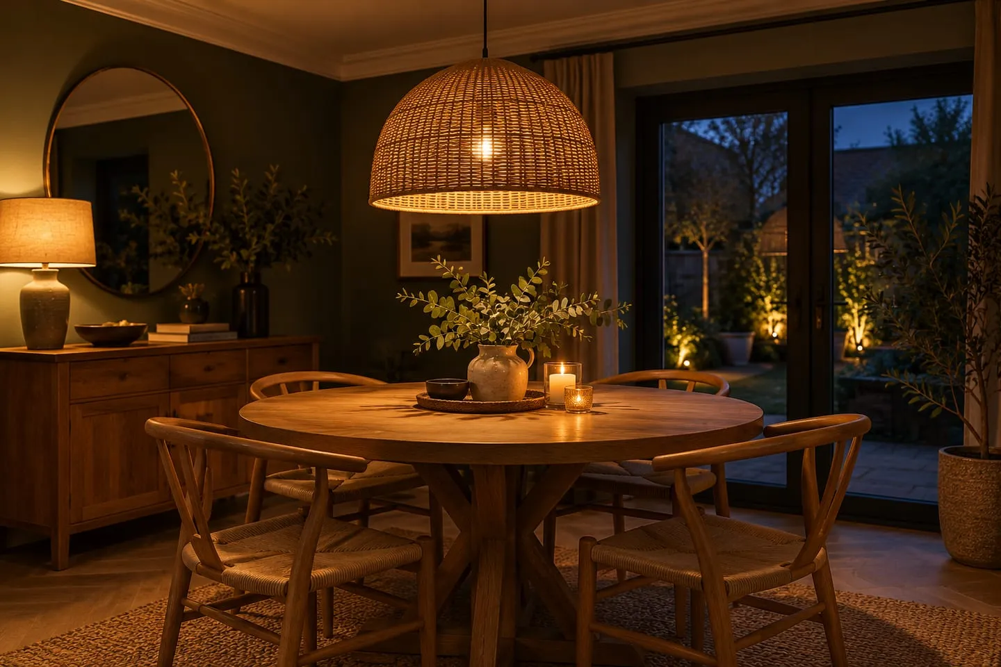A single large rattan pendant hung low over a round dining table