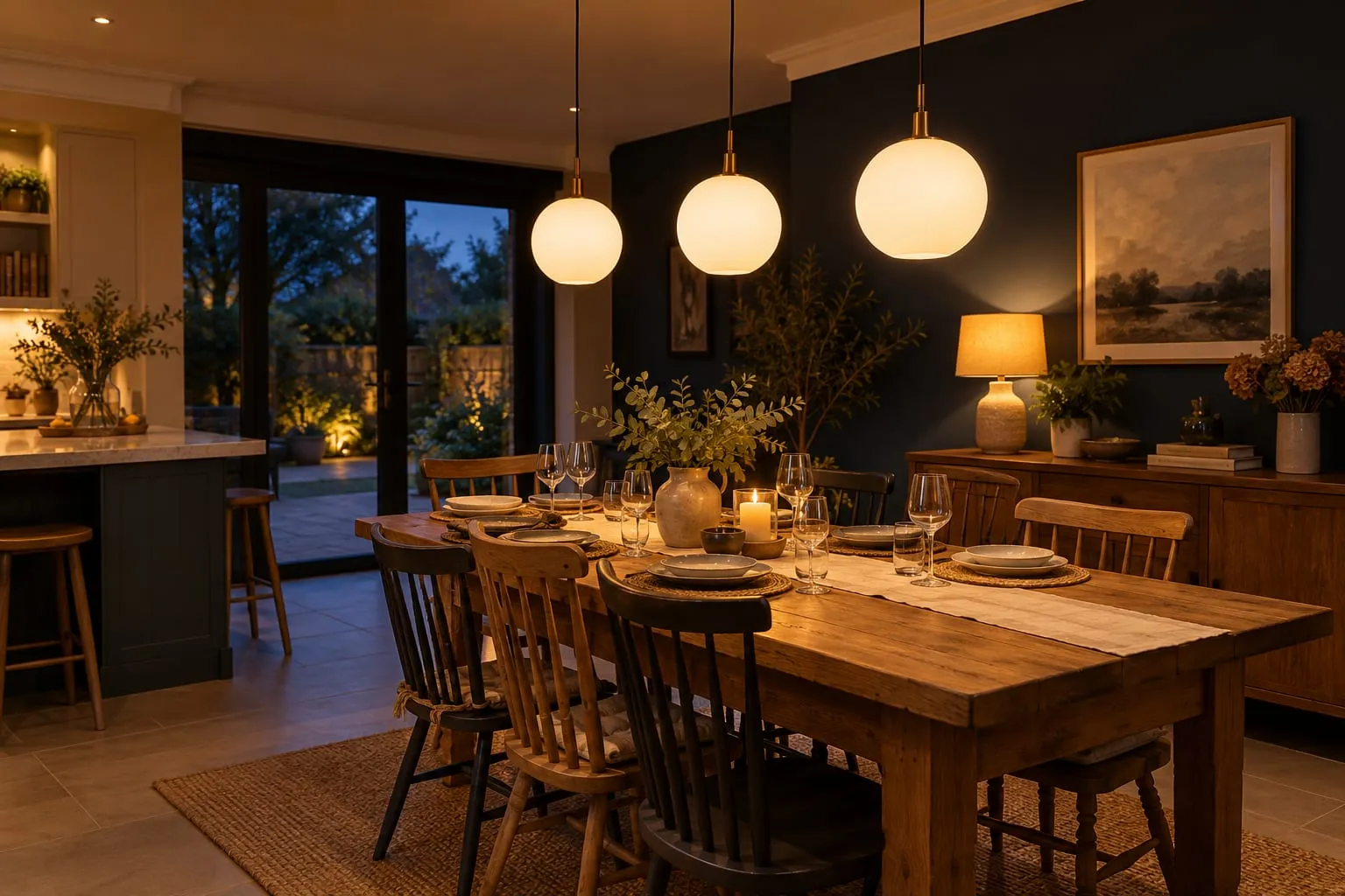Three opal glass globe pendants hung low in a row over a long oak dining table in a kitchen-diner with a navy wall and French doors at dusk