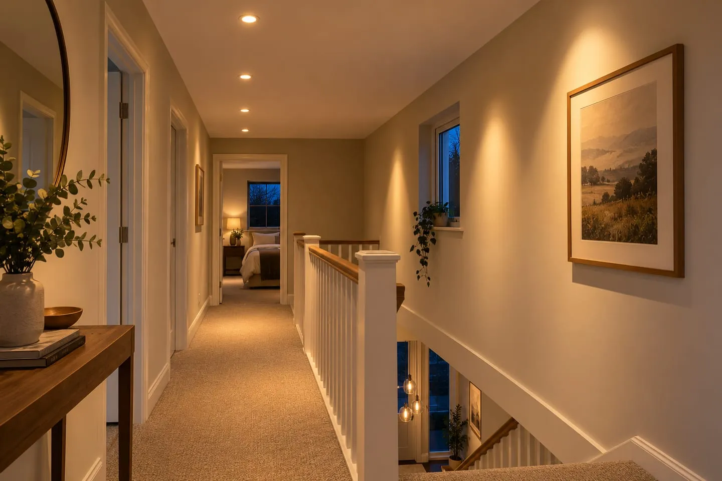 A narrow landing lit by a single line of evenly spaced downlights