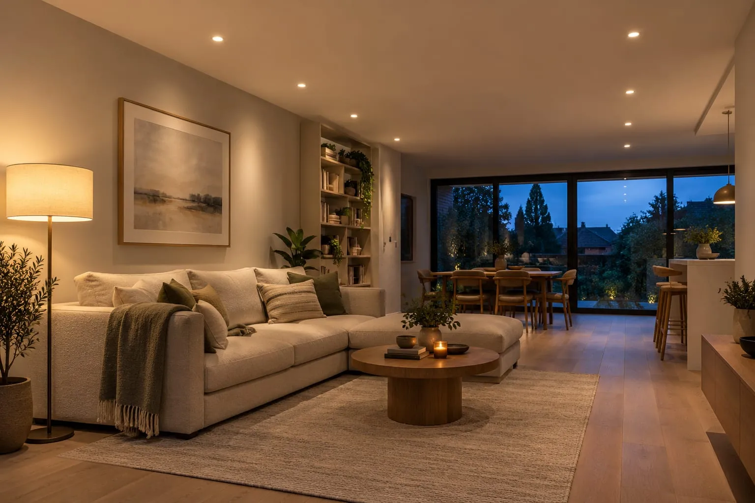 Open-plan living room at dusk with two rows of recessed downlights set back from the walls, a floor lamp beside a cream corner sofa, a framed print and a bookshelf