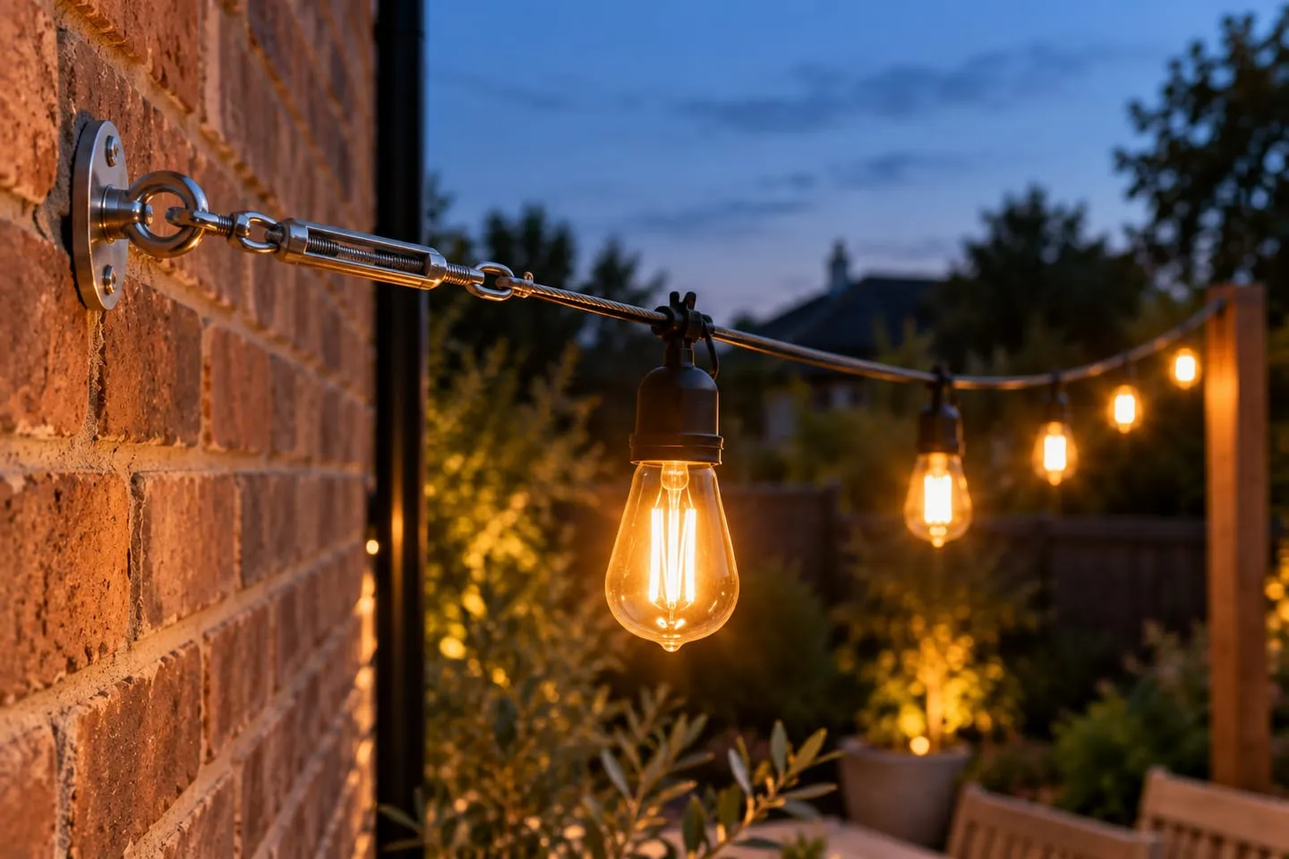 A festoon light line clipped to a steel catenary wire fixed to a brick wall with an eye bolt and tensioner