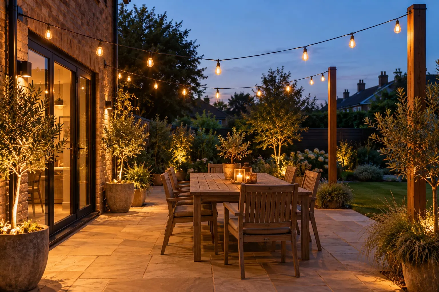 Patio at dusk with warm festoon lights strung in a zigzag on a steel wire between the house and two timber posts, above a wooden dining table and potted olive trees