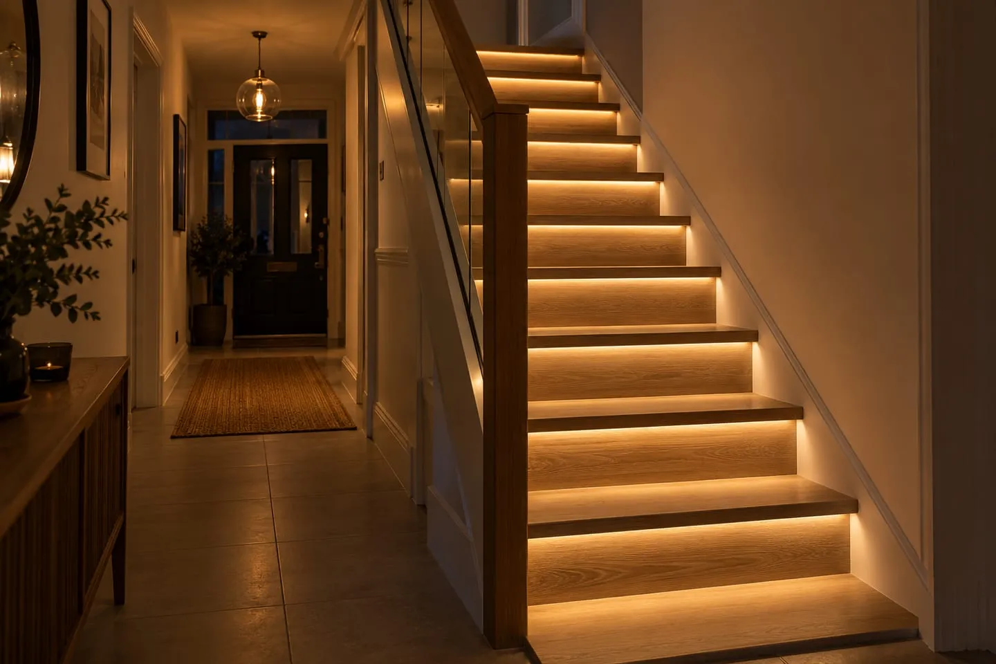 LED strips under the nose of each stair tread outlining every step