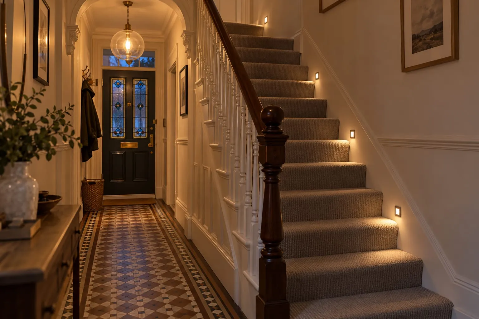 Victorian hallway and staircase in the evening, with small step lights set into the wall beside the carpeted stairs, a glass globe pendant by the front door and a tiled floor