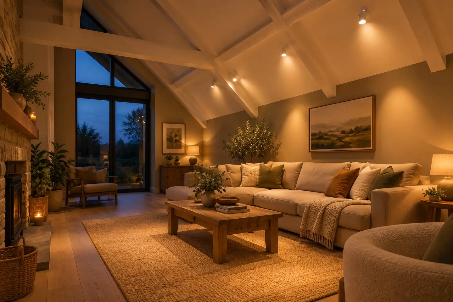 Adjustable downlights set into a sloping ceiling and angled down onto the seating