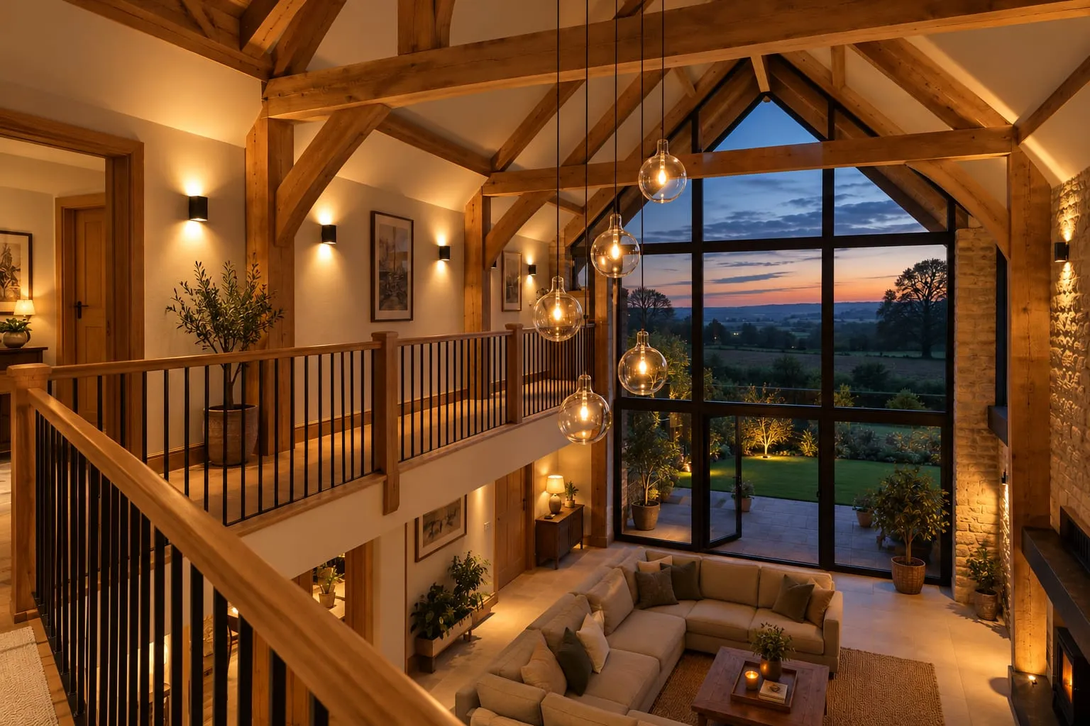 Barn conversion living space at dusk with a cluster of clear glass globe pendants hanging on long cables from a vaulted ceiling with oak trusses, and wall lights along a gallery landing