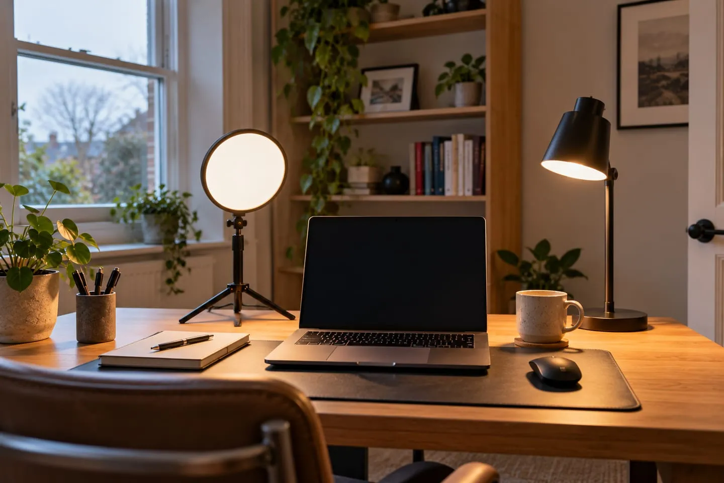 A desk set up for video calls with soft light placed in front of the seat, not behind it