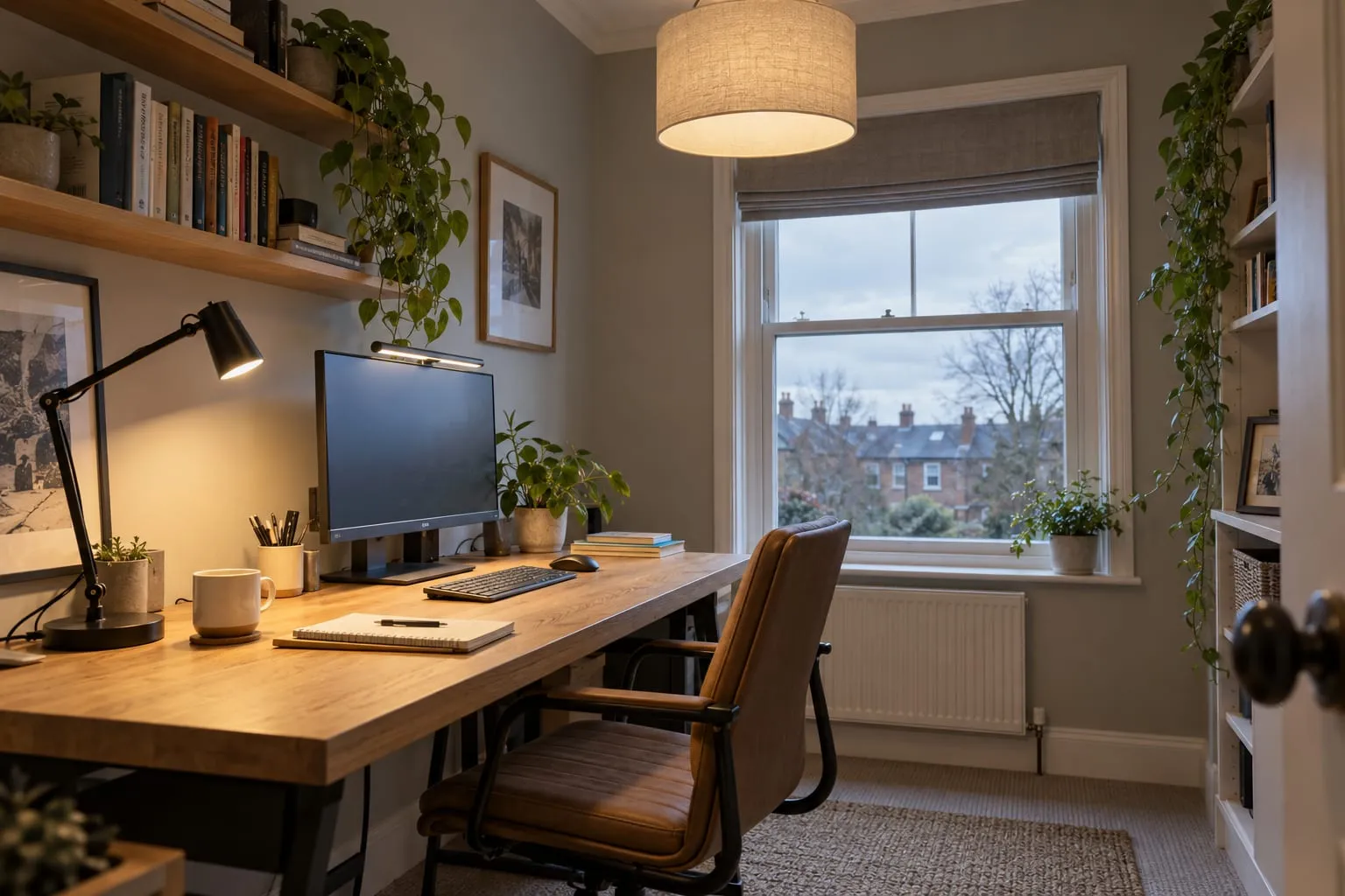 Spare-bedroom home office with an oak desk side-on to a sash window, a black desk lamp lit over a notepad and a light bar on top of the monitor