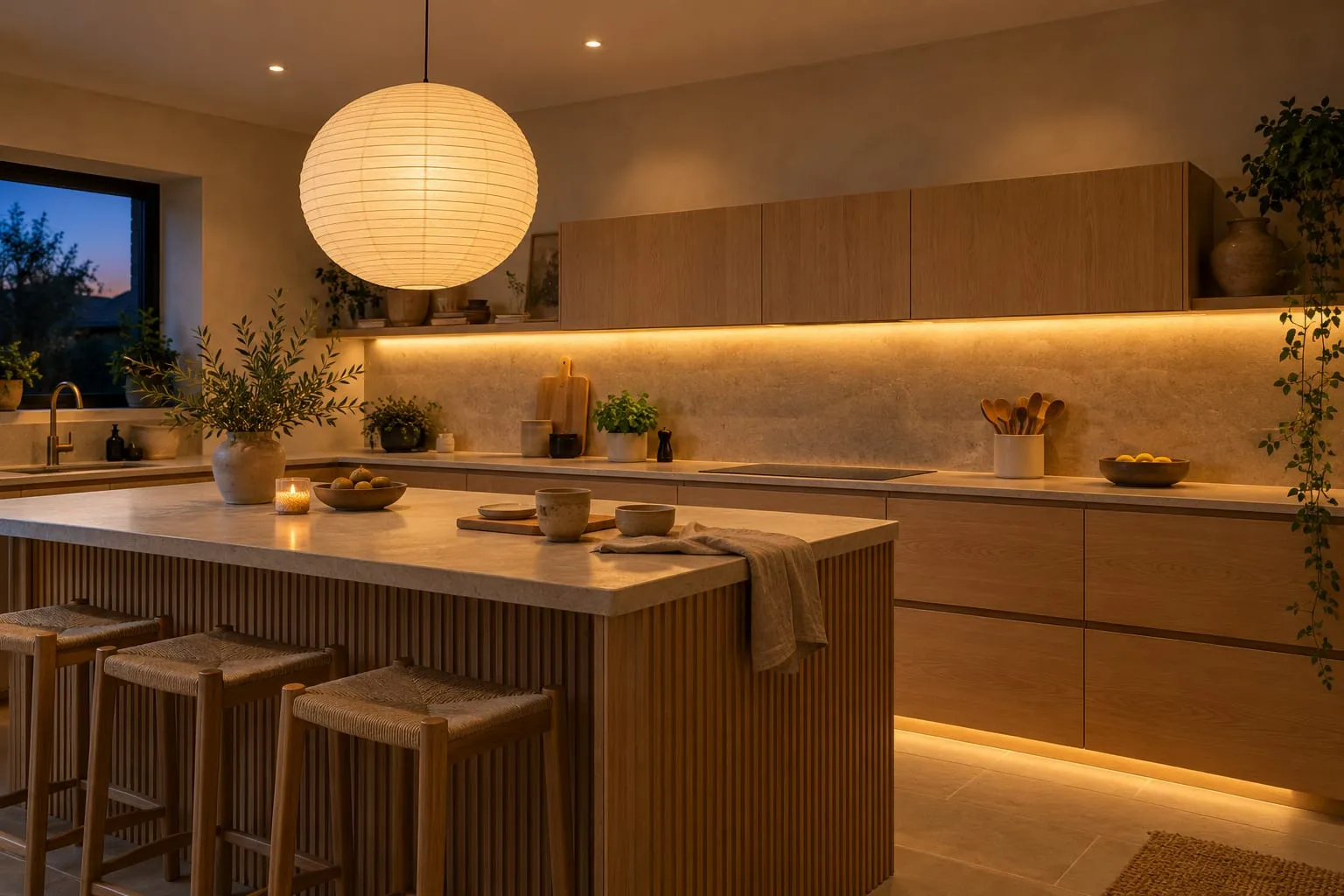 Japandi kitchen with a large paper lantern pendant over a fluted oak island and pale stone worktops