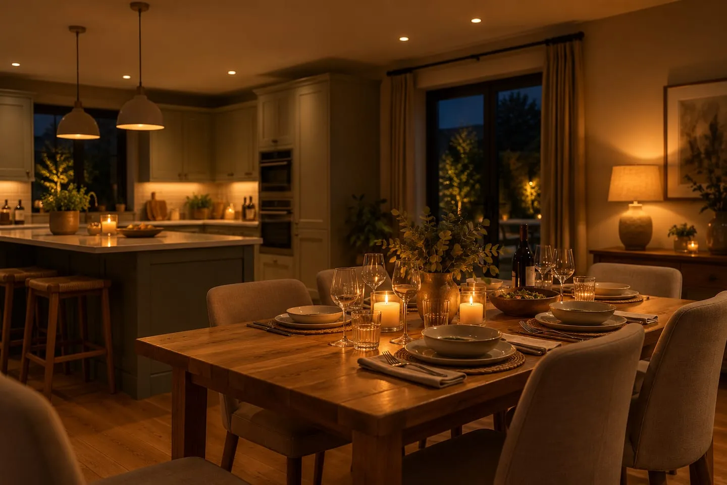 Downlights dimmed to a low warm glow over a dining table in the evening