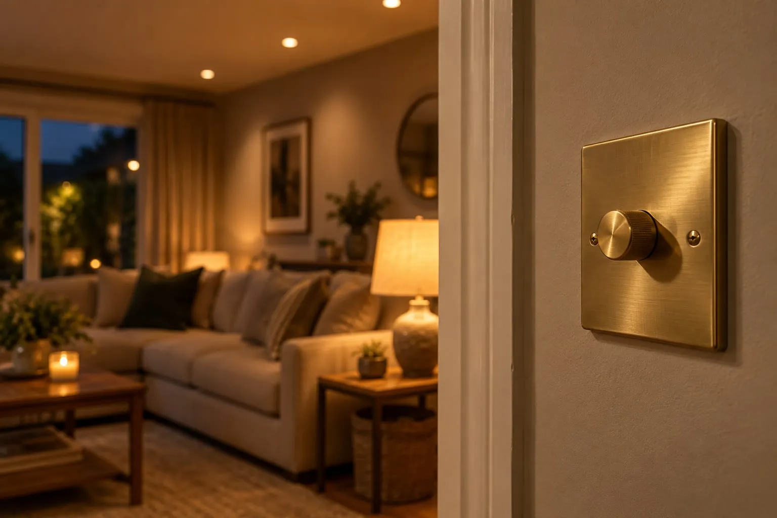 Brushed brass rotary dimmer switch on a stone-coloured wall, with dimmed downlights and a glowing table lamp beside a sofa behind it