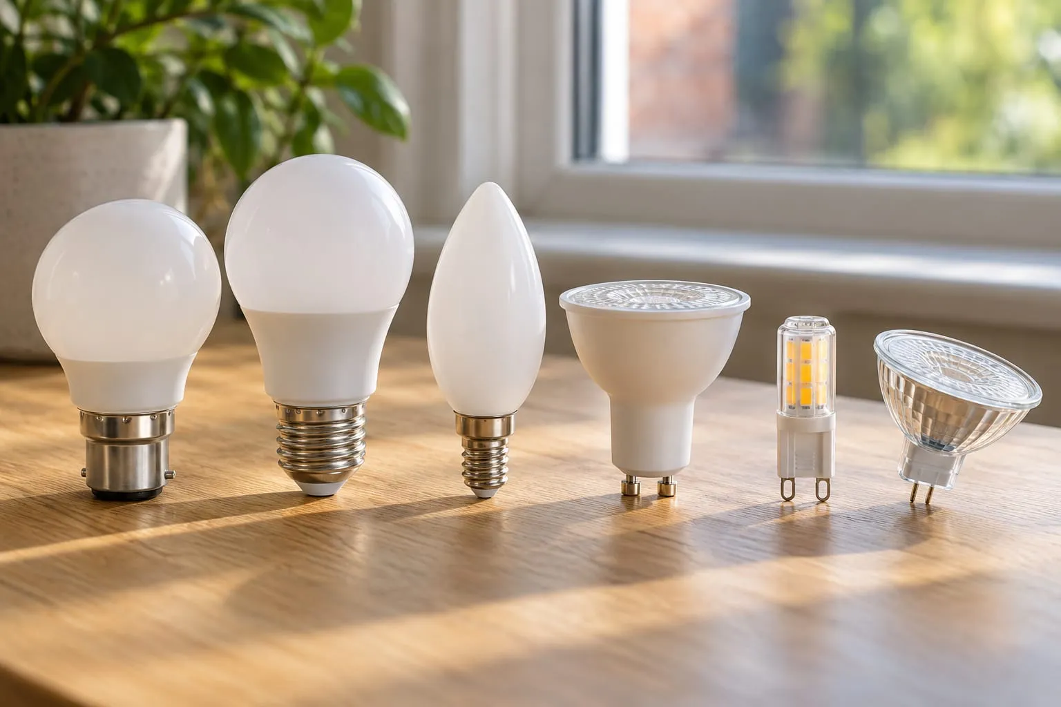 Row of unbranded LED bulbs on a pale oak table by a window: a bayonet bulb, a screw bulb, a small candle bulb, a GU10 spotlight, a tiny G9 capsule and a two-pin MR16