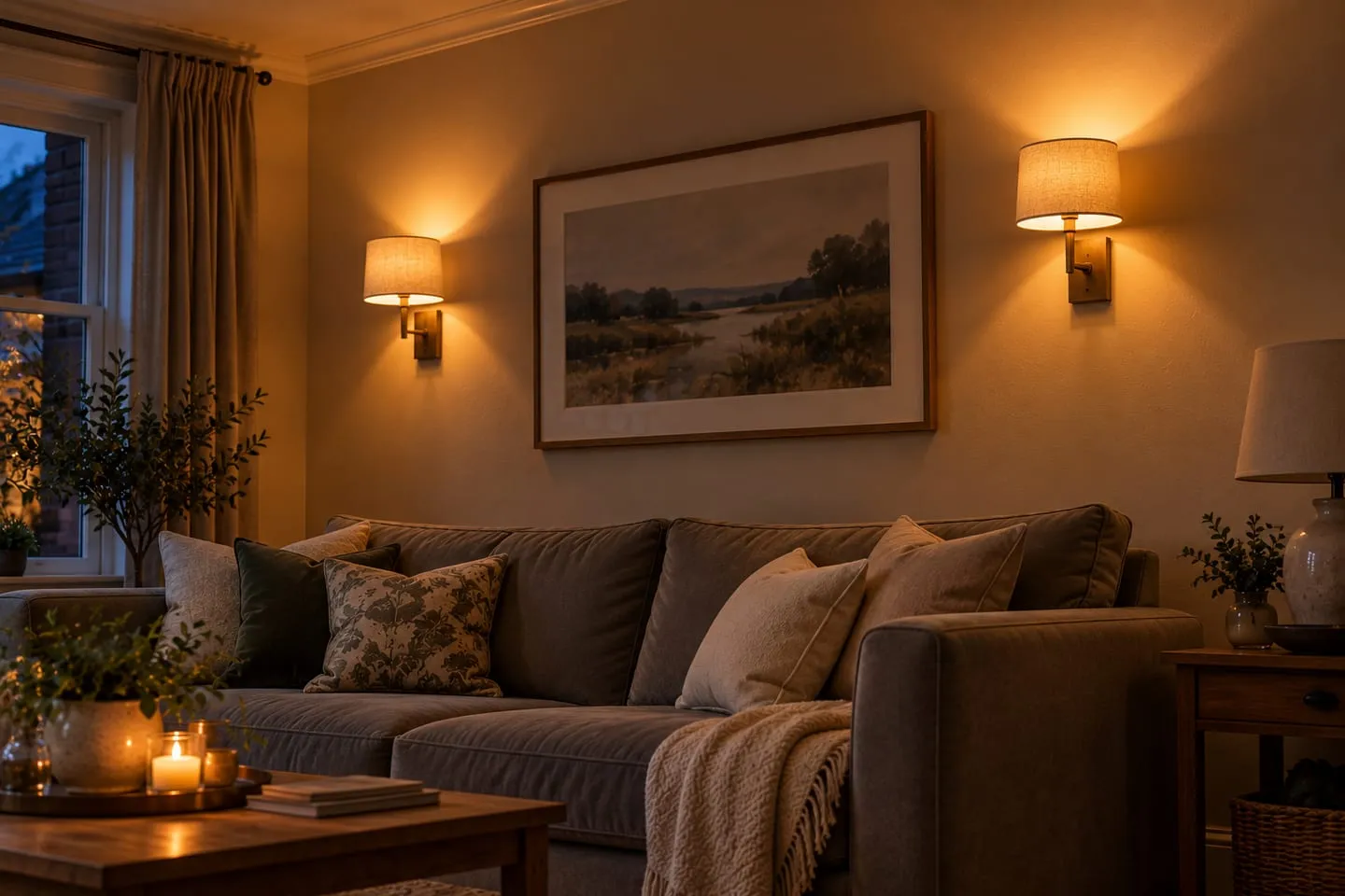 Two shaded wall lights either side of a framed print above a sofa