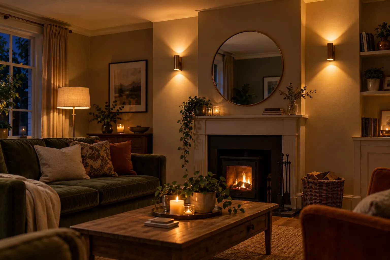 Pair of brass up-and-down wall lights either side of a round mirror above a fireplace, casting warm light up and down a putty-coloured chimney breast