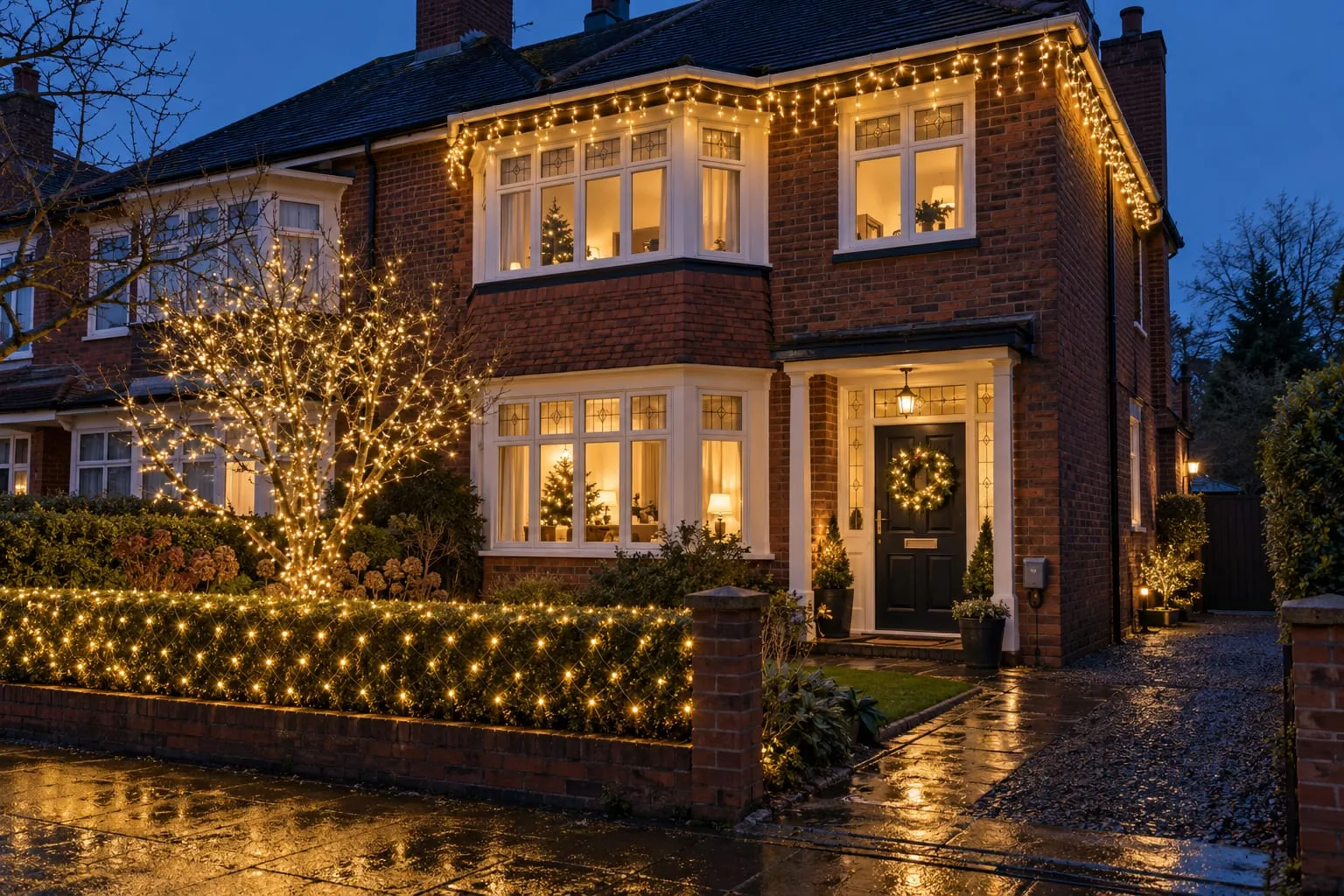 House at night in the snow with multicoloured Christmas lights along the roofline, round the porch and over the shrubs, and a lit tree in the garden