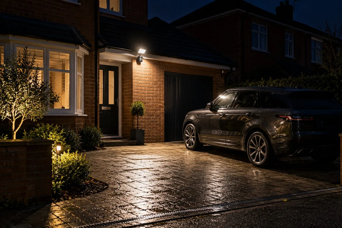 A PIR floodlight aimed down onto a driveway without spilling into the street