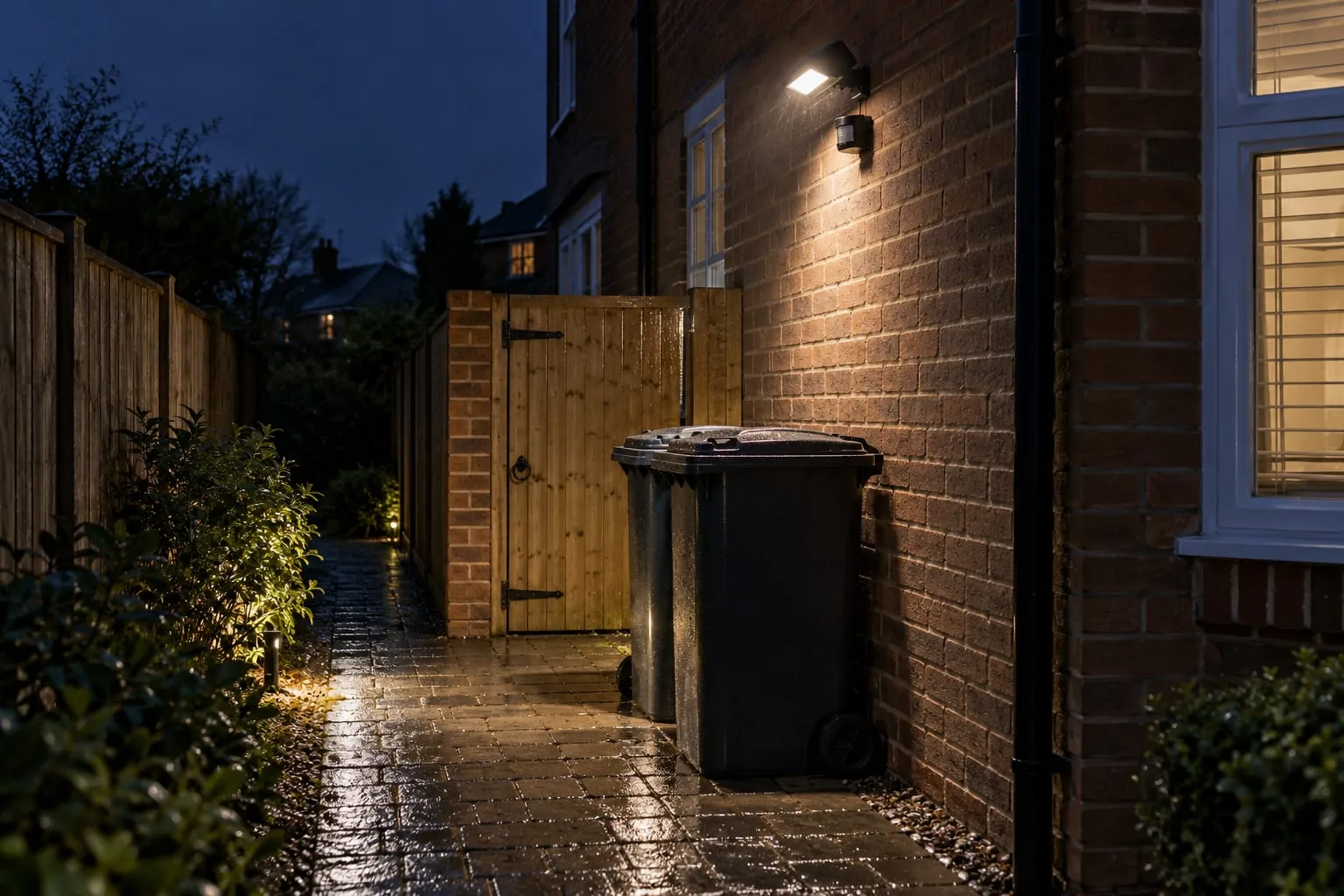 Slim black LED floodlight with a separate PIR sensor high on a brick side wall near a timber gate, lighting a wet path and two wheelie bins