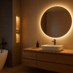 Bathroom with square backlit mirror and modern basin.
