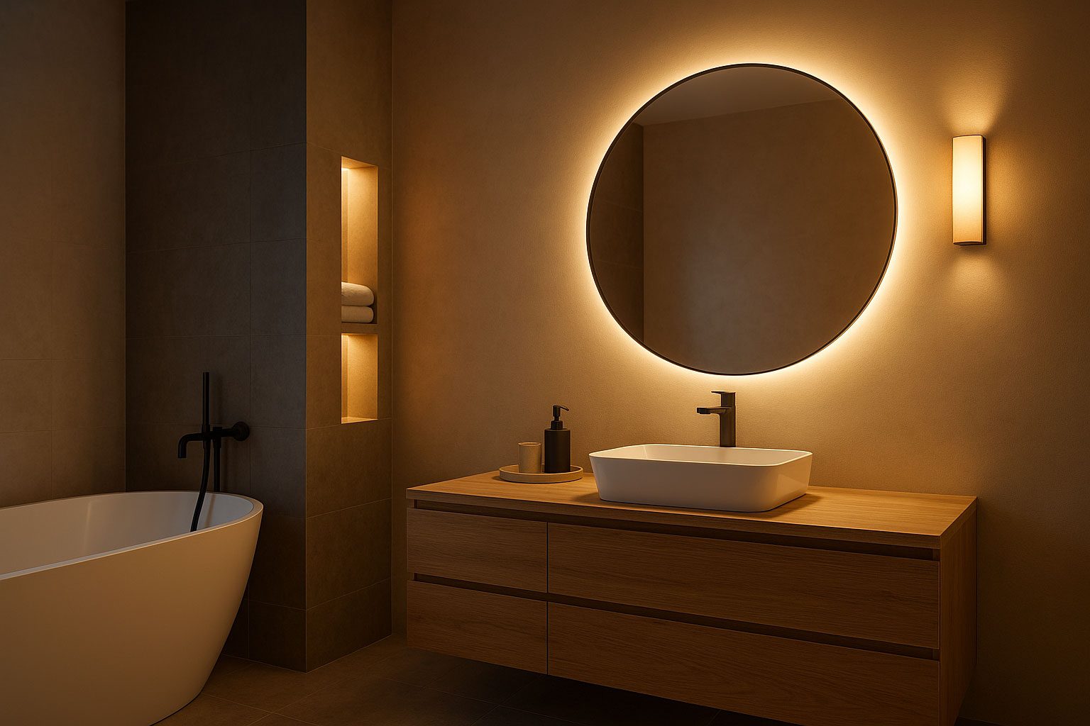 Bathroom with square backlit mirror and modern basin.