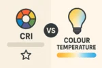 A split infographic illustrating the difference between CRI vs Colour Temperature. The left side features a multicoloured wheel symbolising CRI, while the right side shows a light bulb with a gradient from warm orange to cool blue representing colour temperature, separated by a central “VS” circle