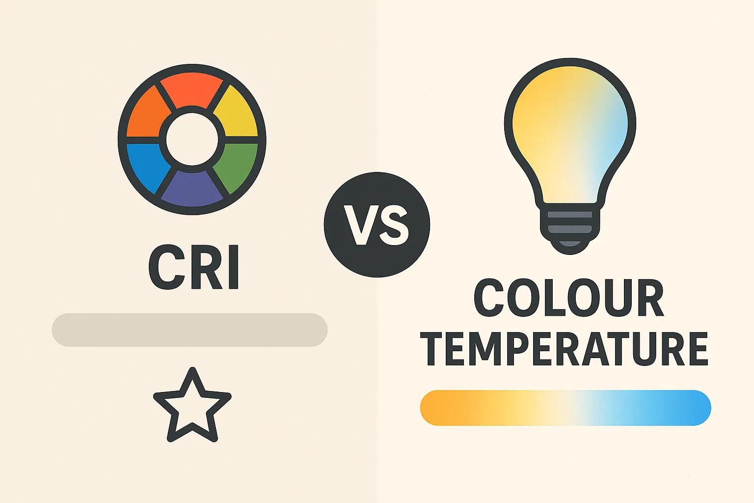 A split infographic illustrating the difference between CRI vs Colour Temperature. The left side features a multicoloured wheel symbolising CRI, while the right side shows a light bulb with a gradient from warm orange to cool blue representing colour temperature, separated by a central “VS” circle