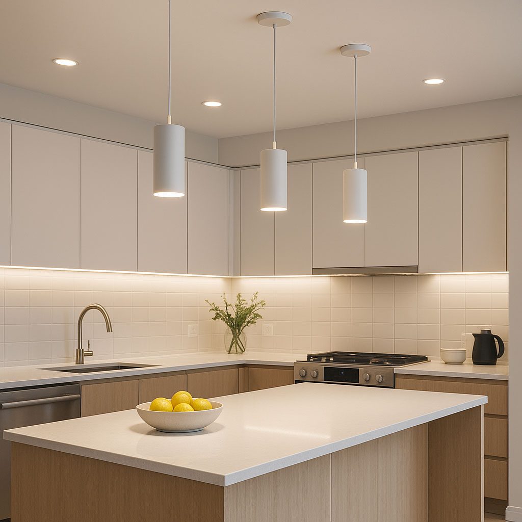 Modern kitchen with layered LED and pendant lighting