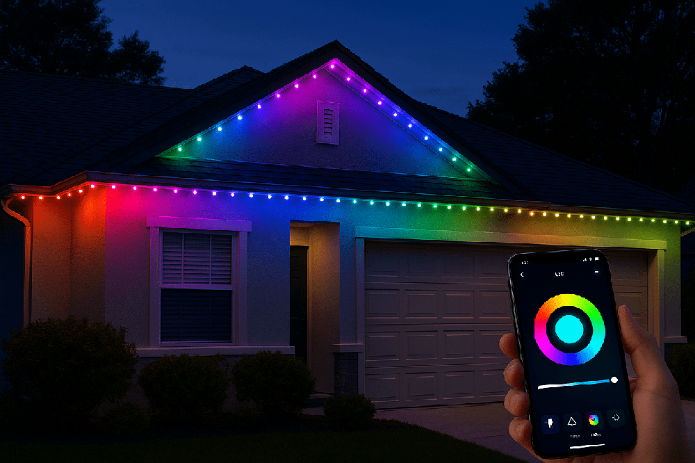 House roofline at night lit with colour-changing permanent LED lights under the eaves, with a phone app controlling the colour in the foreground