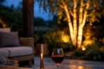 Modern British patio at blue hour featuring layered patio lighting ideas including warm festoon lights under a timber pergola, a bronze cordless table lamp beside a glass of red wine, and soft uplighting illuminating a silver birch tree on light grey stone tiles.
