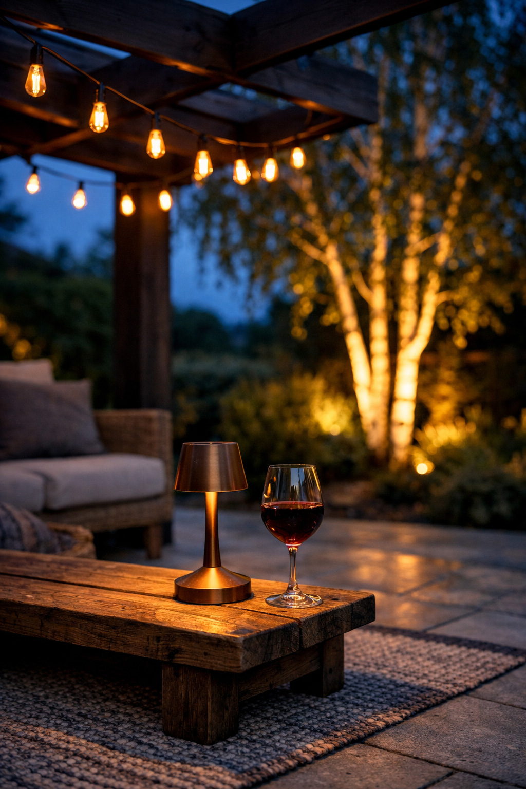 Modern British patio at blue hour featuring layered patio lighting ideas including warm festoon lights under a timber pergola, a bronze cordless table lamp beside a glass of red wine, and soft uplighting illuminating a silver birch tree on light grey stone tiles.