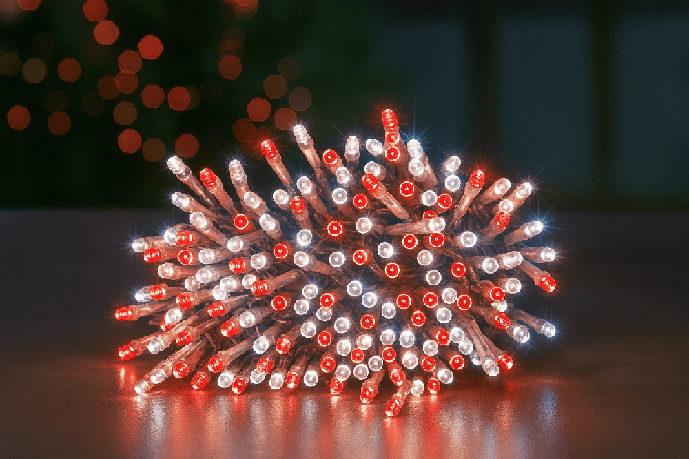Pile of red and white LED cluster lights glowing on a table