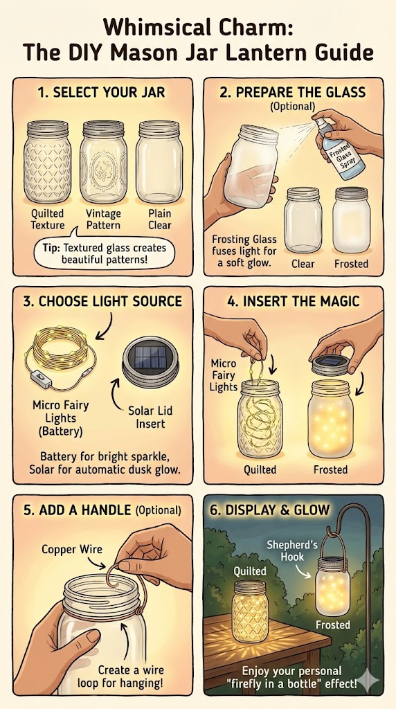 Whimsical Charm: The DIY Mason Jar Lantern Guide" showing a simple 3-step process. Step 1: Gather supplies, including quilted mason jars, frosted glass spray, micro fairy lights, and solar lid inserts. Step 2: Assemble the lantern by placing lights inside the jar and attaching the solar lid, with a tip to use copper wire for hanging handles. Step 3: Display the finished lanterns glowing on a wooden table or hanging from a shepherd's hook to create a warm "firefly in a bottle" effect.