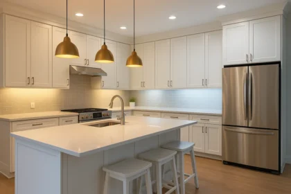 Modern kitchen demonstrating the best colour temperature for kitchen lighting with warm pendant lights over the island and cool white recessed ceiling lighting for balance