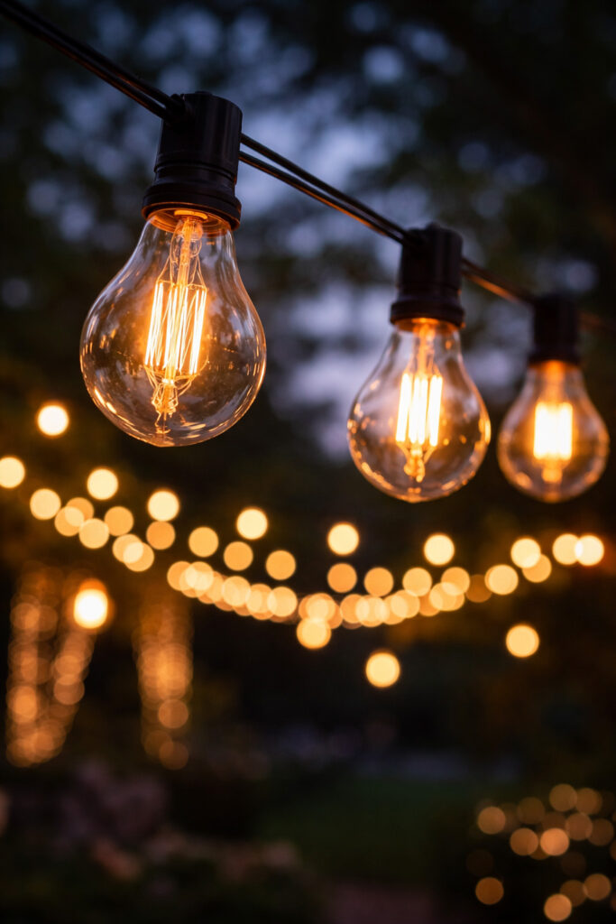 Close up of clear Edison style bulbs glowing amber on a dark cable, with soft garden bokeh lights blurred in the background at twilight.