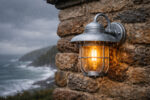 Outdoor lights for coastal homes featuring a hot dip galvanised steel wall lantern glowing warmly on a rugged stone seaside cottage wall, with rain droplets and a stormy coastal background