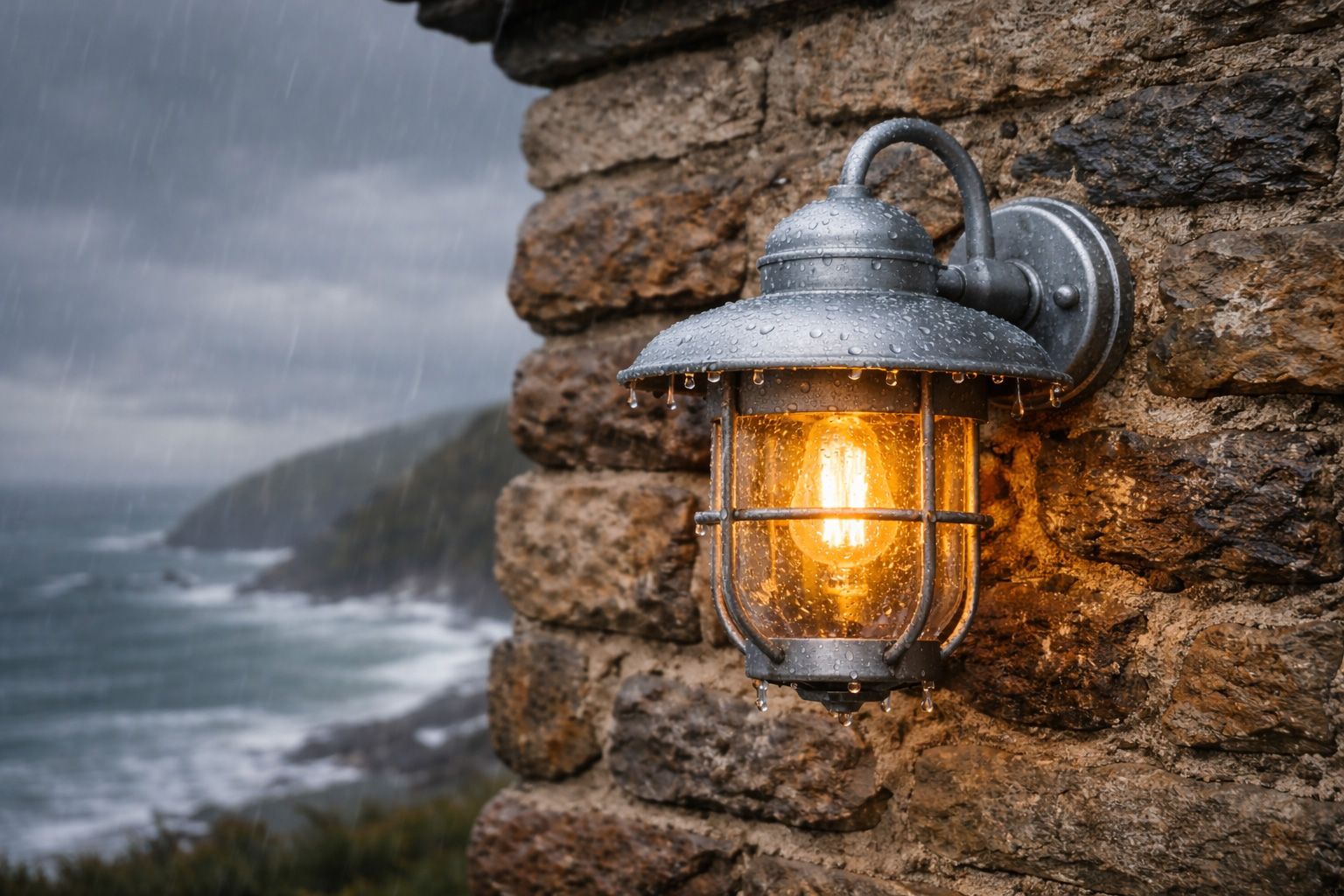 Outdoor lights for coastal homes featuring a hot dip galvanised steel wall lantern glowing warmly on a rugged stone seaside cottage wall, with rain droplets and a stormy coastal background