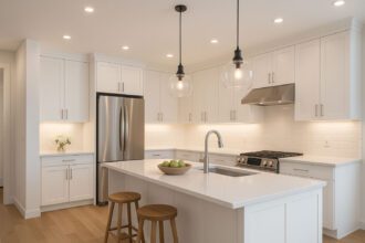 Kitchen lighting guide showing ambient, task and accent lighting in a modern open-plan kitchen.