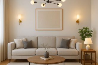 Contemporary living room lighting guide with geometric black ceiling light and framed artwork.