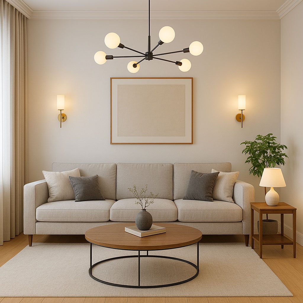 Contemporary living room lighting guide with geometric black ceiling light and framed artwork.