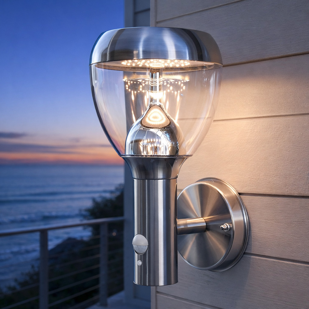 Marine grade stainless steel outdoor wall lantern illuminated at twilight on a modern coastal home with ocean view in the background