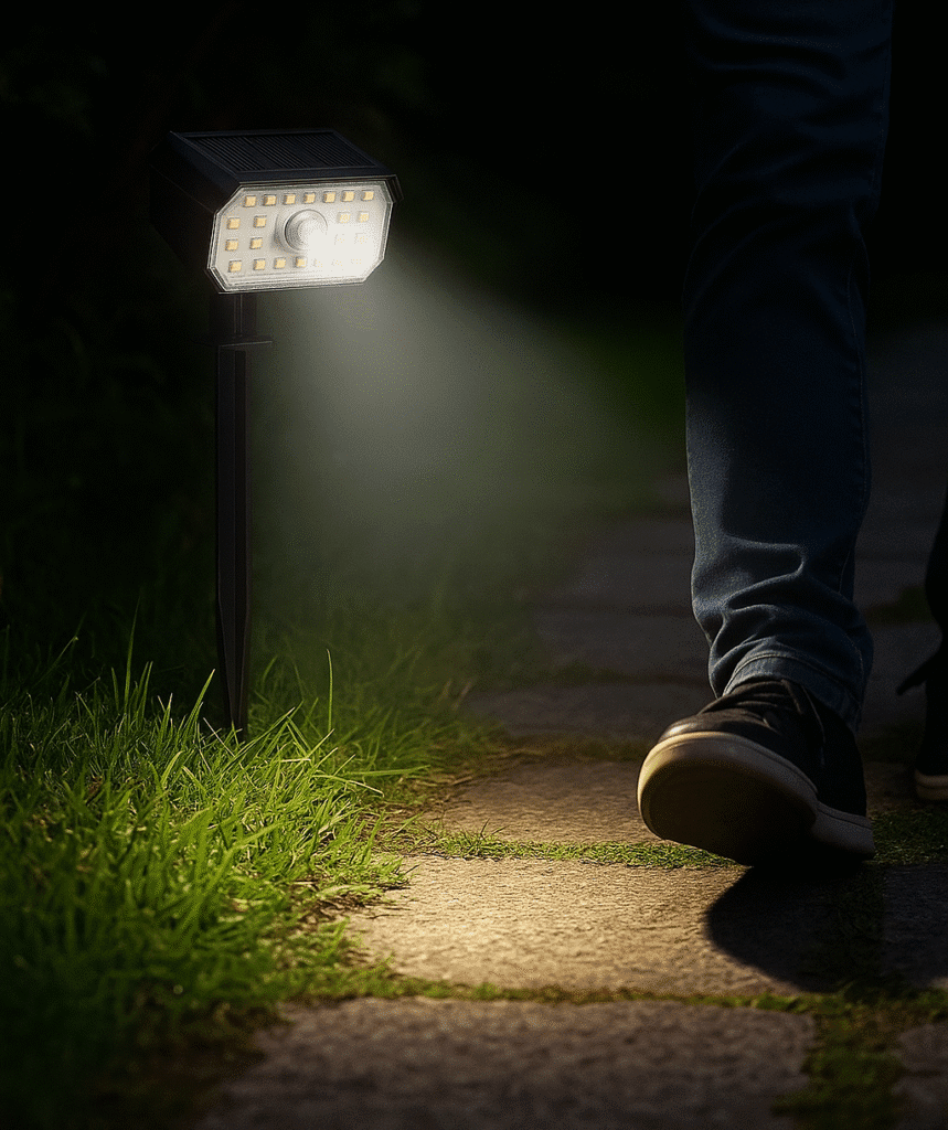 Motion sensor garden path light turning on as a person walks by
