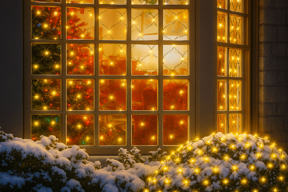Warm white net lights draped over snow-covered hedges in front of a cottage window, with more lights glowing inside