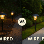 How to Light a Garden Path Without Wiring. A warm evening garden path softly illuminated by solar lights along a walkway comparison between wired garden lighting and wireless solar lighting setup