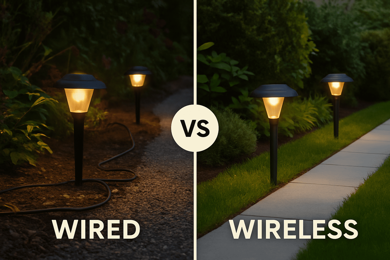 How to Light a Garden Path Without Wiring. A warm evening garden path softly illuminated by solar lights along a walkway comparison between wired garden lighting and wireless solar lighting setup