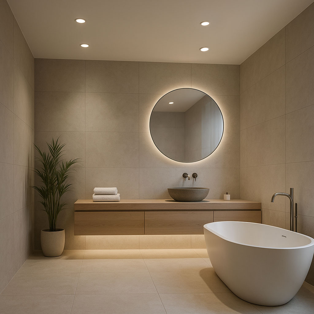 Modern bathroom with round mirror and recessed downlights.